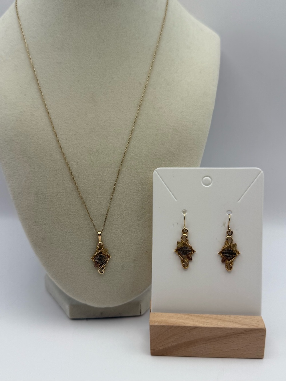 Harley Davidson 10K Gold Necklace Pendant Earrings Set Motorcycle Jewelry